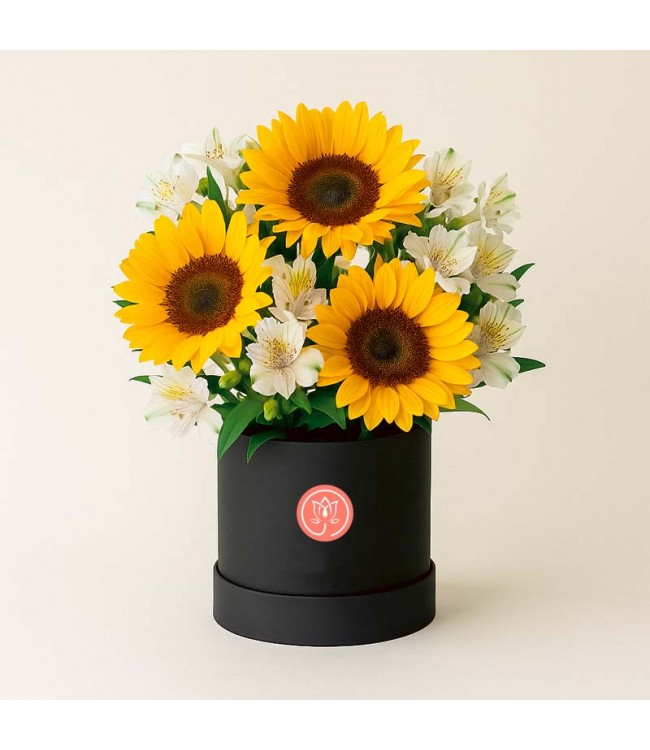 Box Flores Amarillas 3 girasoles y Astromelias